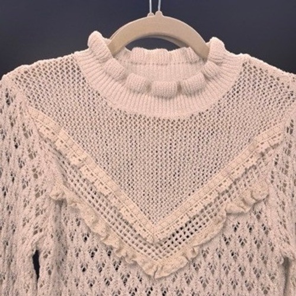ZARA Cream Pointelle Ruffle Knit Sweater Women MEDIUM Romantic Boho Cottage - Picture 4 of 9